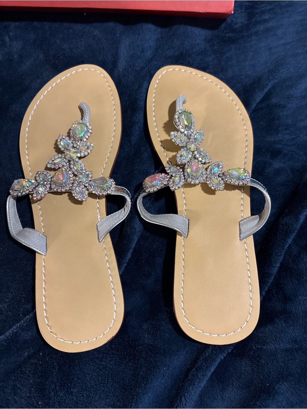 Women's Silver Jeweled T-Strap Sandals